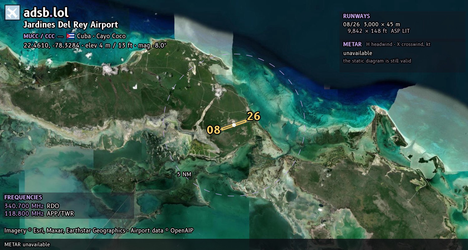 Satellite map with the runway layout of Jardines Del Rey Airport (MUCC)