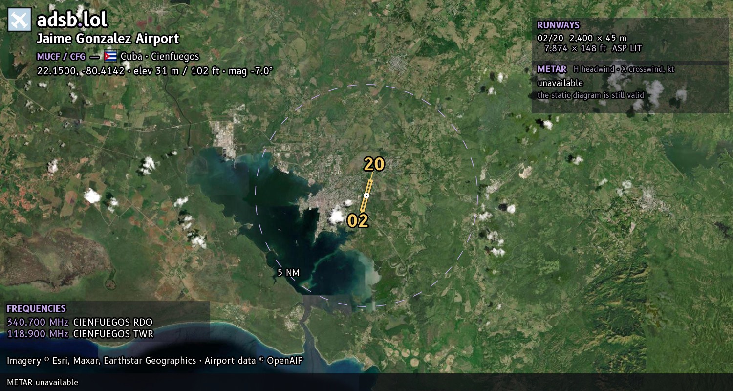 Satellite map with the runway layout of Jaime Gonzalez Airport (MUCF)
