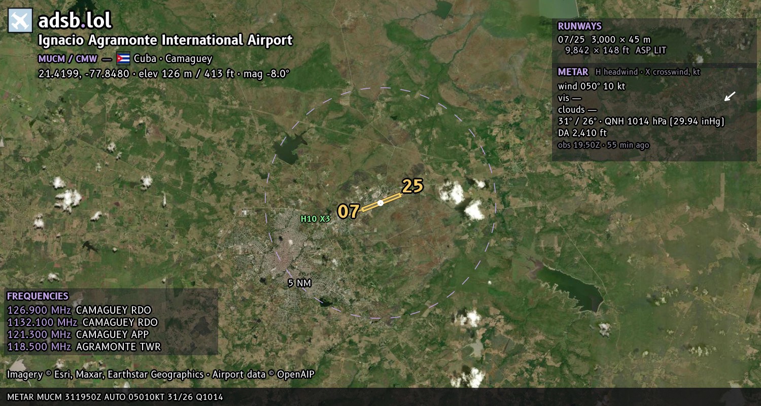 Satellite map with the runway layout of Ignacio Agramonte International Airport (MUCM)