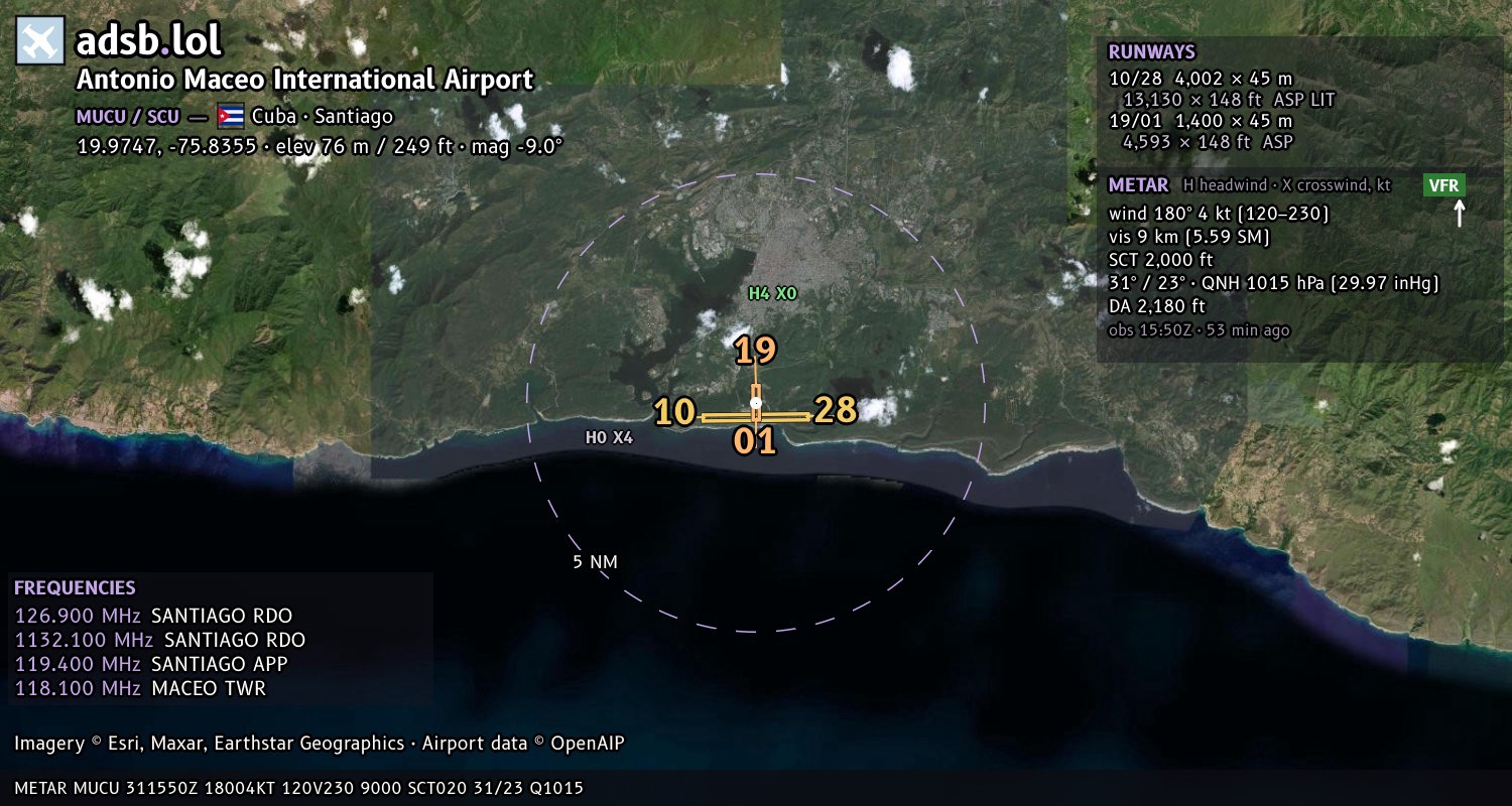Satellite map with the runway layout of Antonio Maceo International Airport (MUCU)