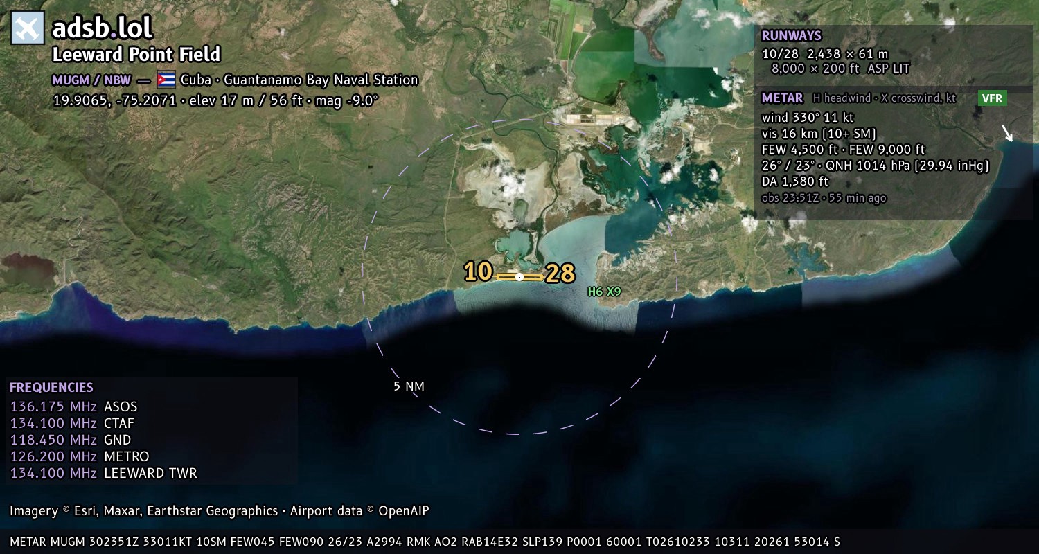 Satellite map with the runway layout of Leeward Point Field (MUGM)