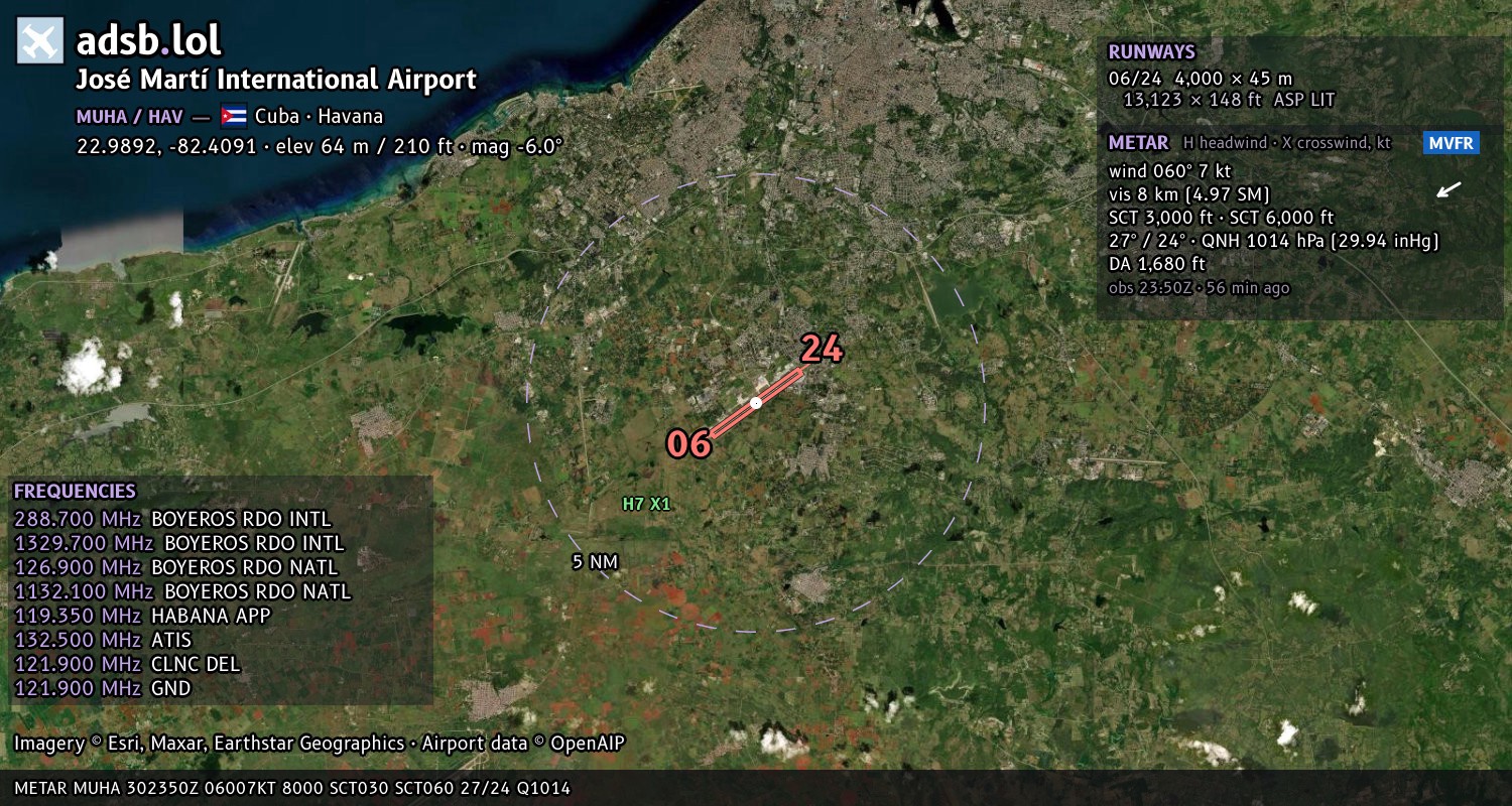 Satellite map with the runway layout of José Martí International Airport (MUHA)