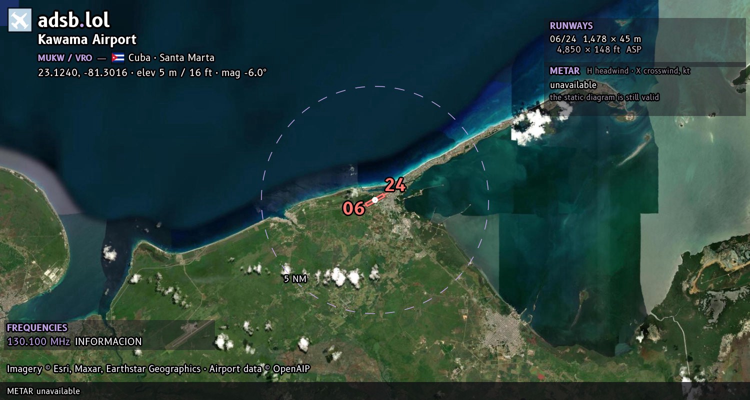 Satellite map with the runway layout of Kawama Airport (MUKW)