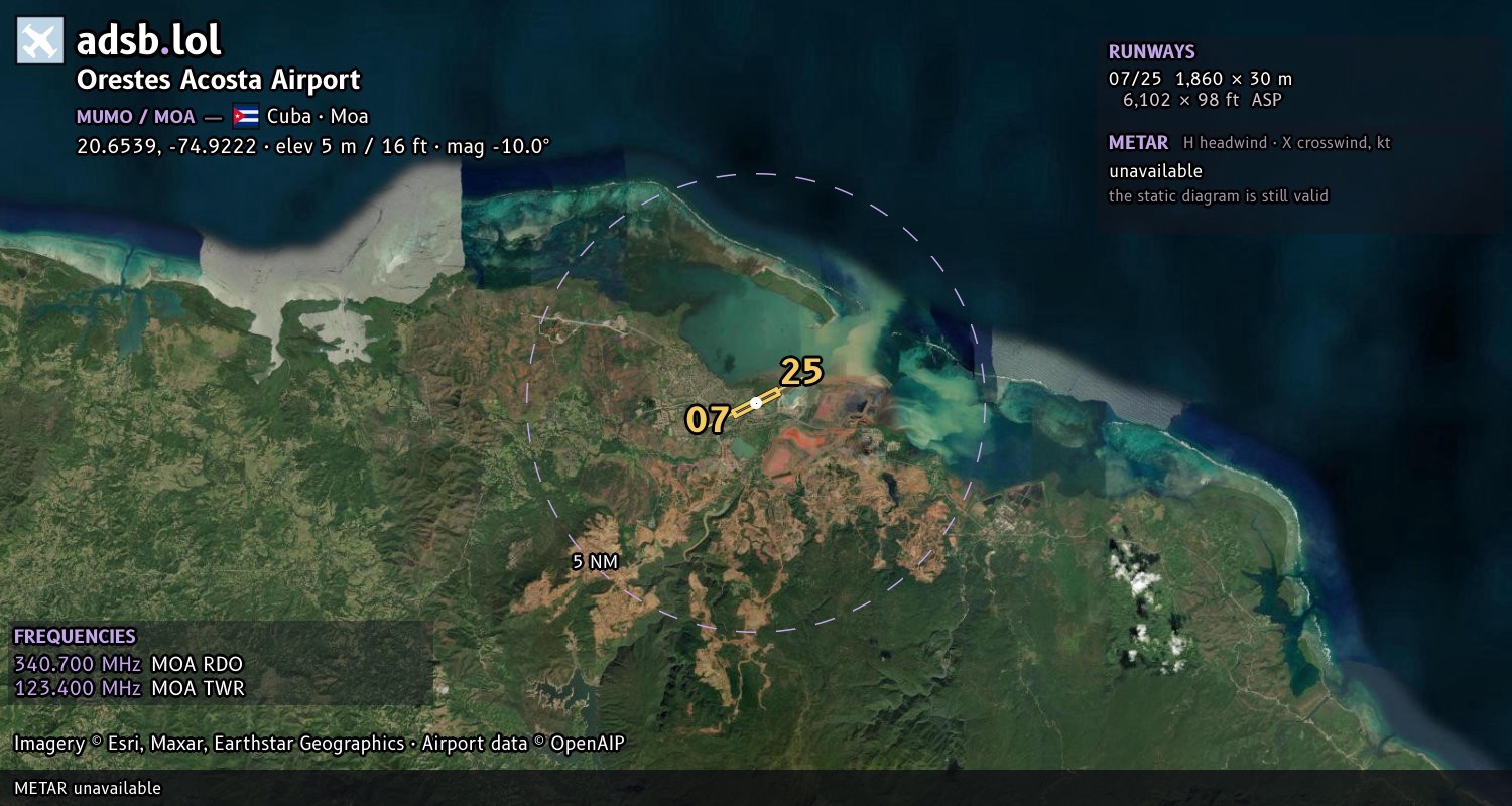 Satellite map with the runway layout of Orestes Acosta Airport (MUMO)