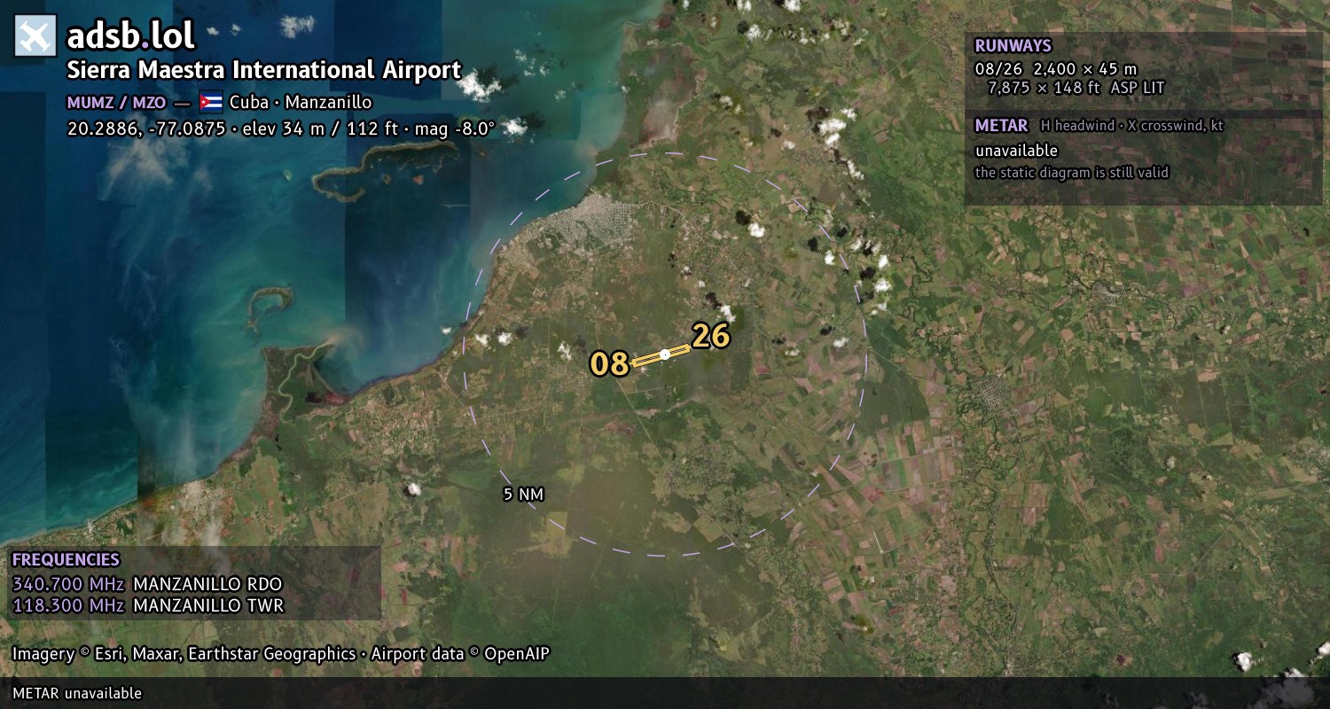 Satellite map with the runway layout of Sierra Maestra International Airport (MUMZ)