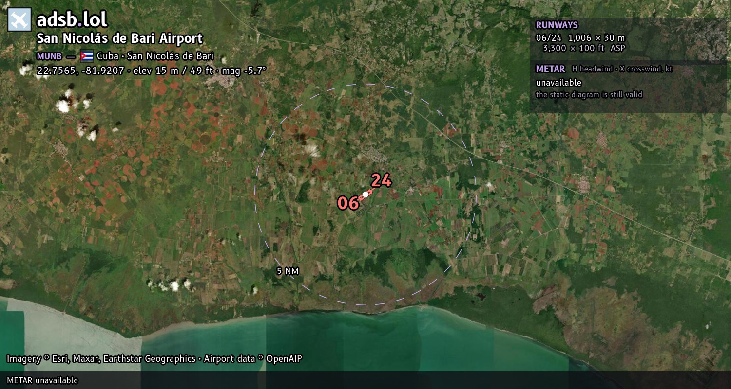 Satellite map with the runway layout of San Nicolás de Bari Airport (MUNB)