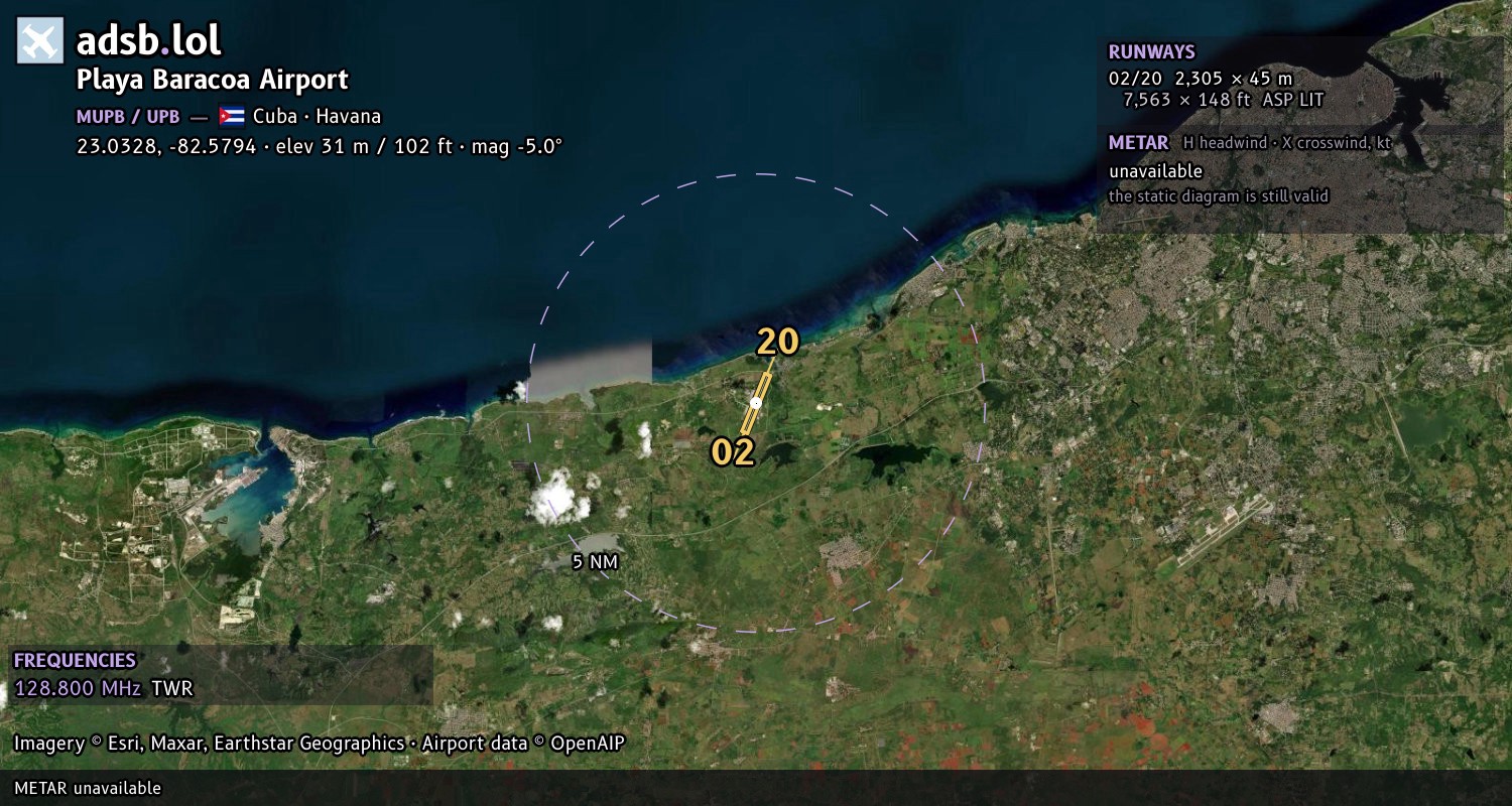 Satellite map with the runway layout of Playa Baracoa Airport (MUPB)