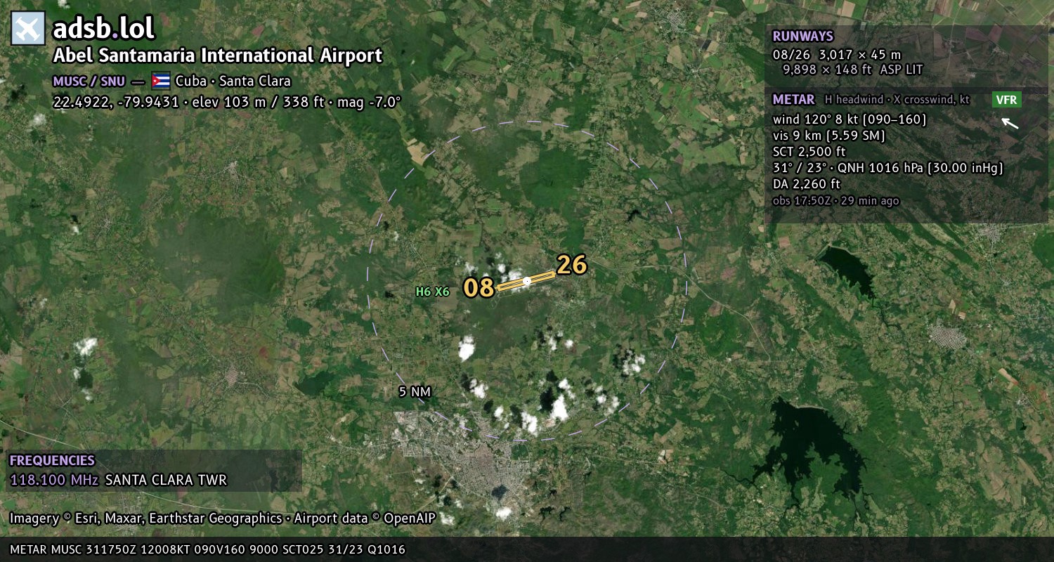Satellite map with the runway layout of Abel Santamaria International Airport (MUSC)
