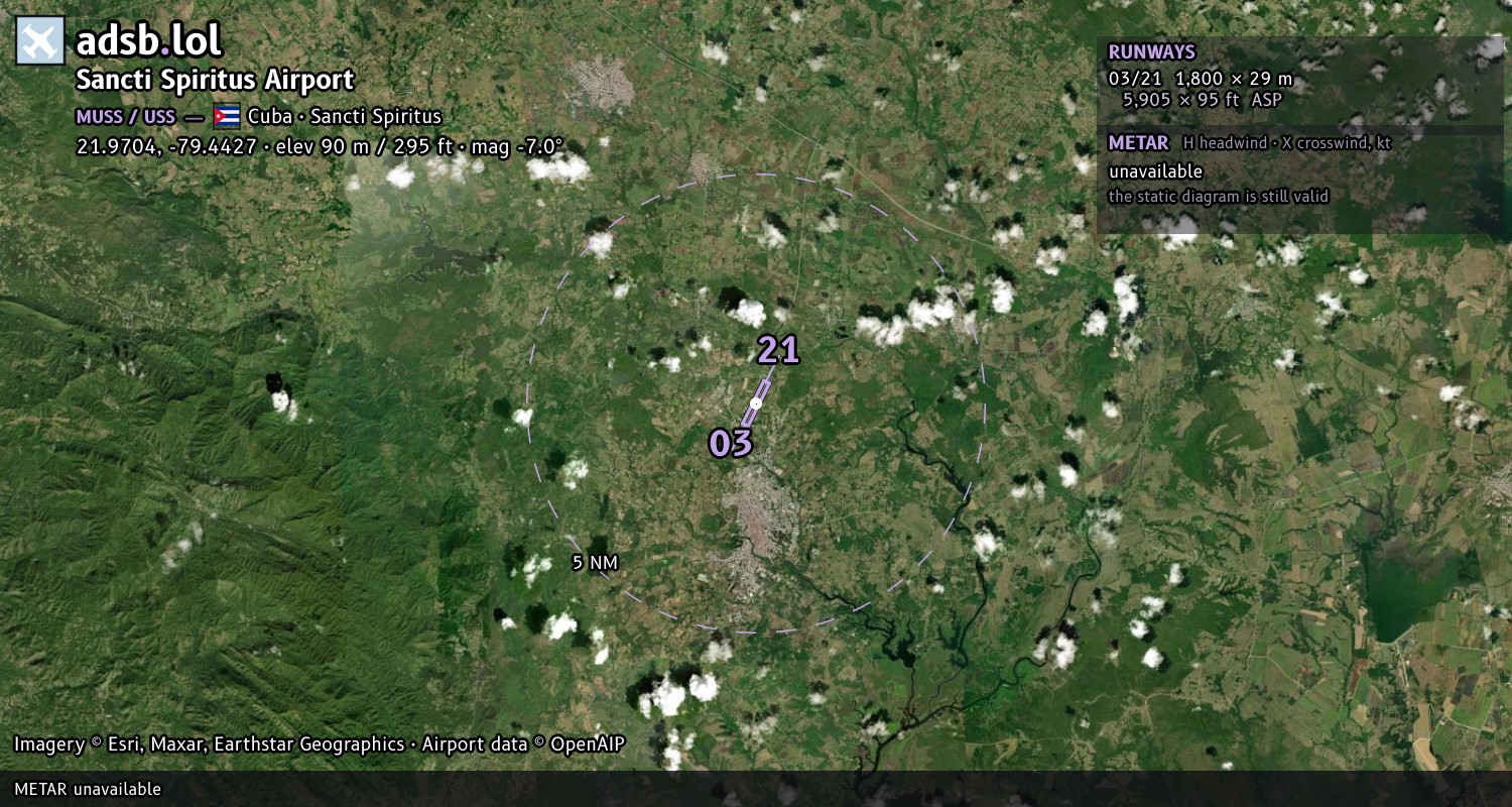 Satellite map with the runway layout of Sancti Spiritus Airport (MUSS)