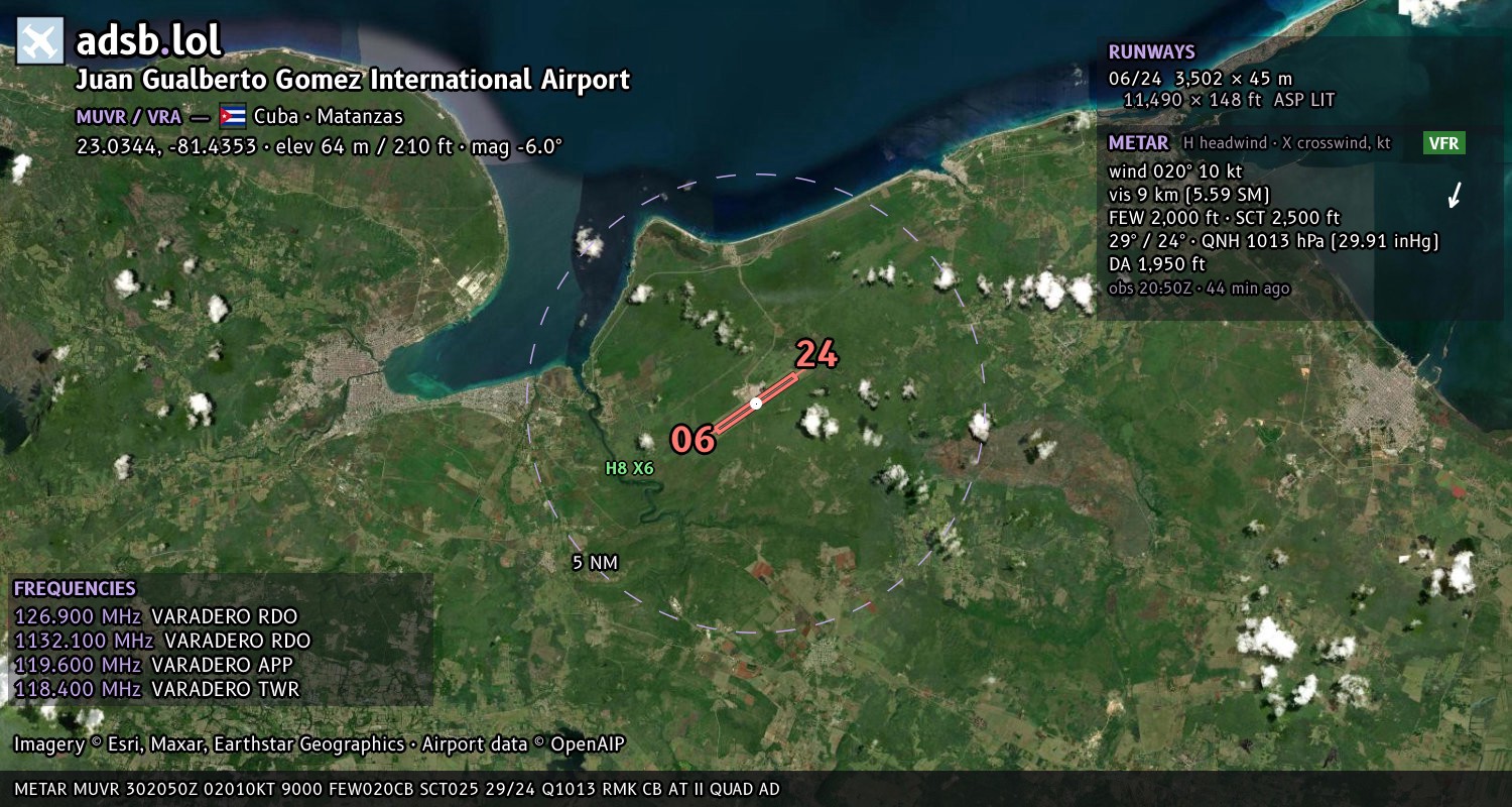 Satellite map with the runway layout of Juan Gualberto Gomez International Airport (MUVR)