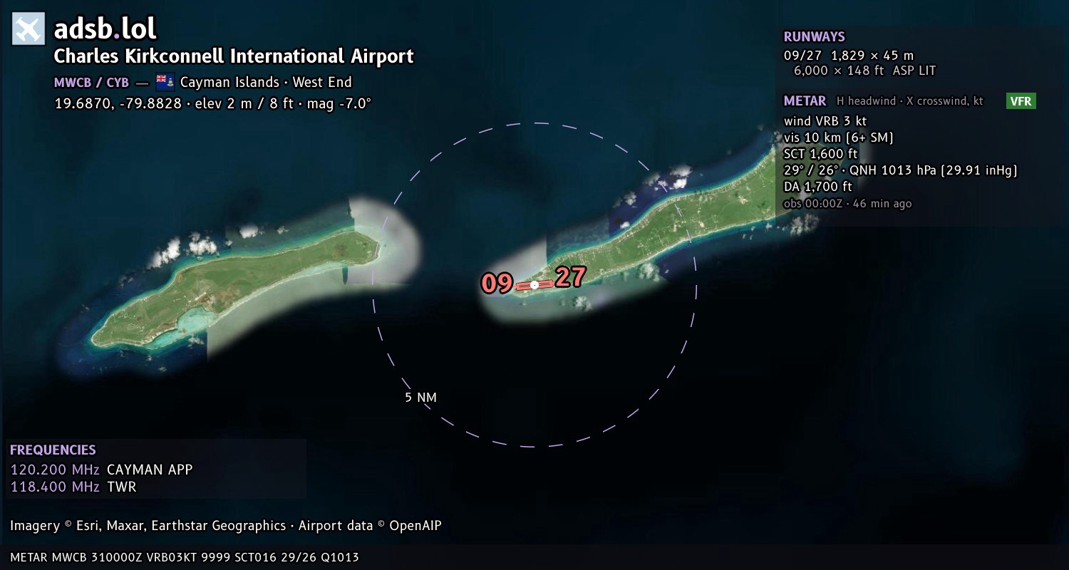 Satellite map with the runway layout of Charles Kirkconnell International Airport (MWCB)