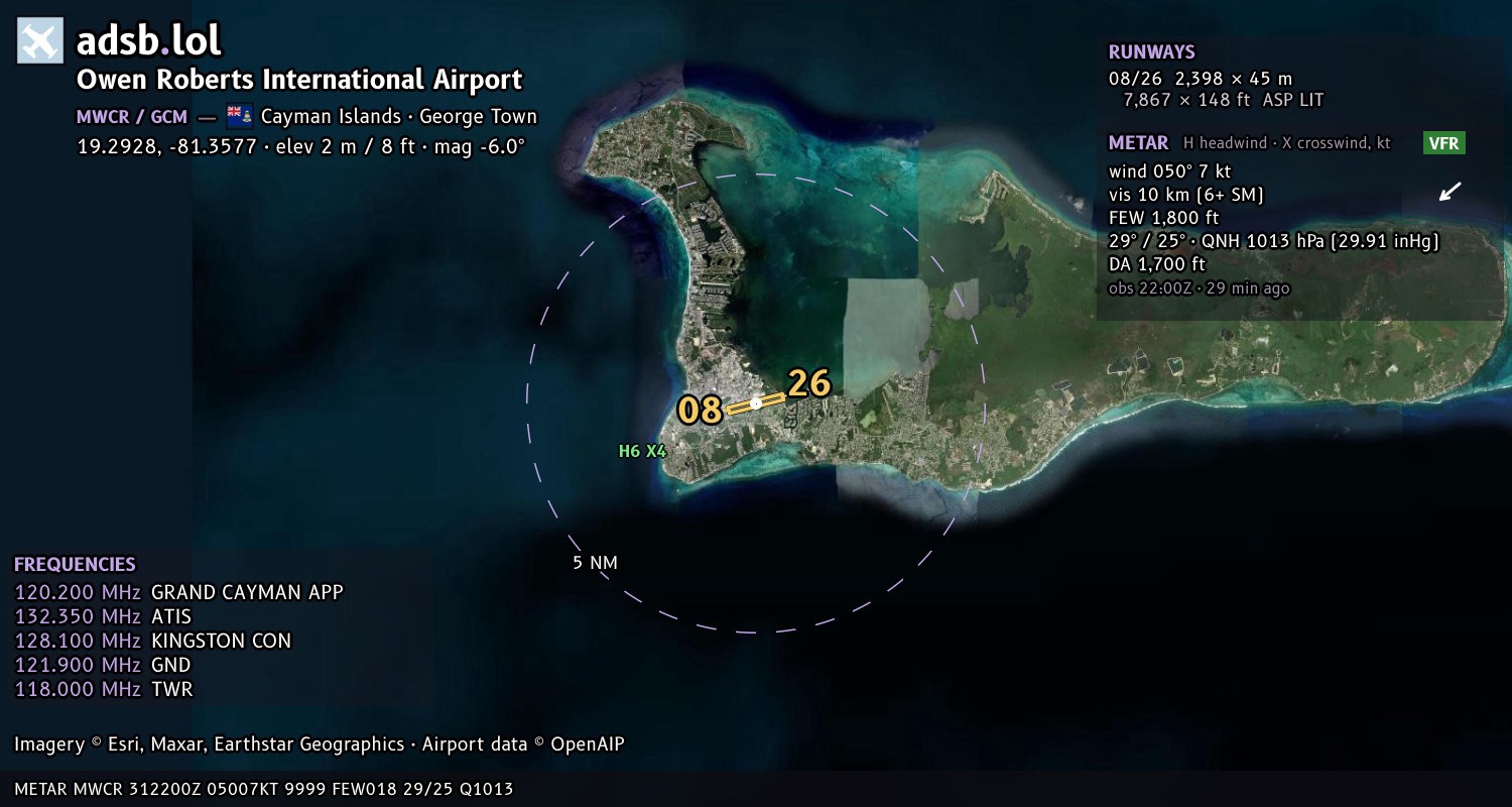 Satellite map with the runway layout of Owen Roberts International Airport (MWCR)