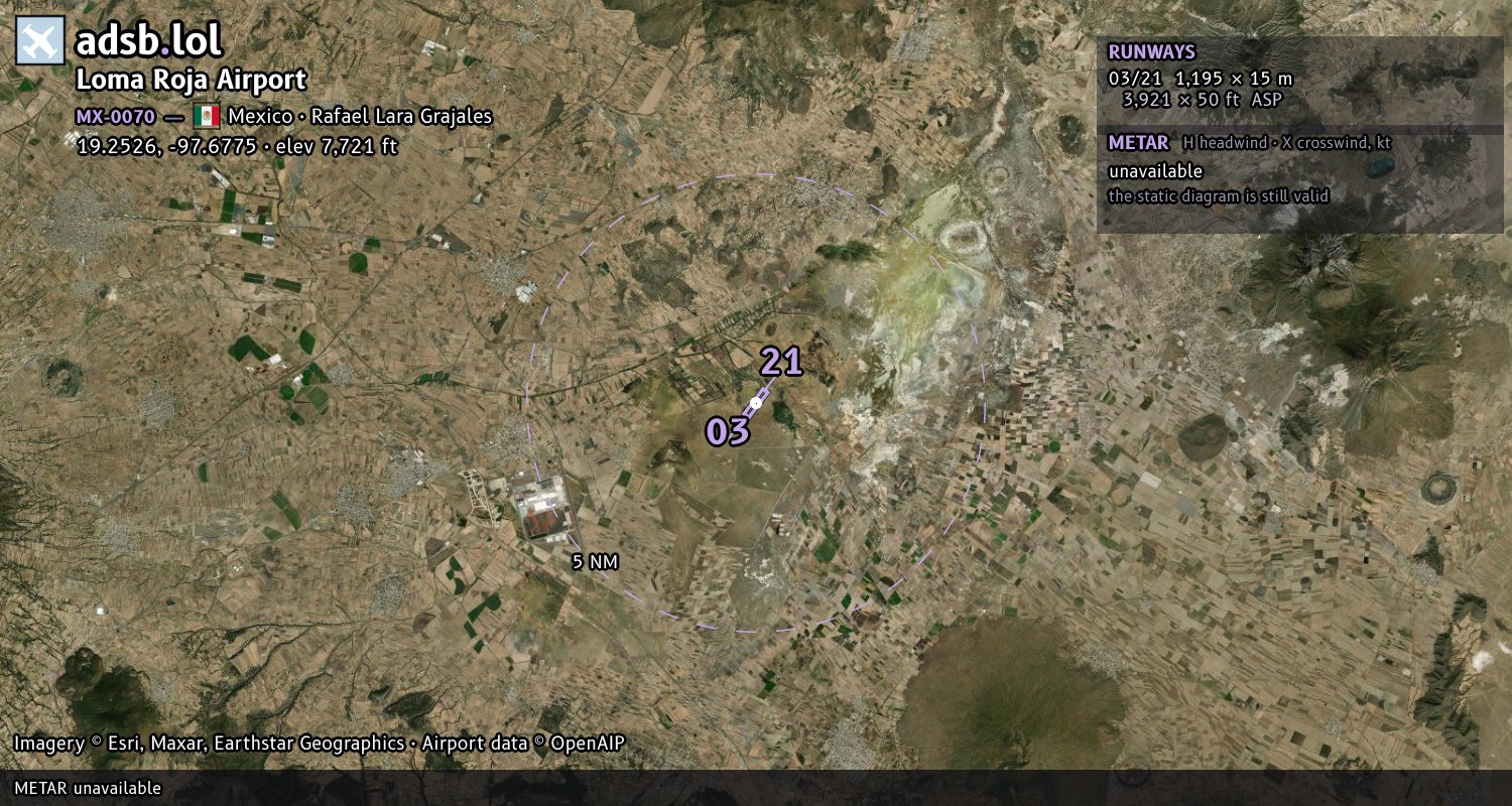 Satellite map with the runway layout of Loma Roja Airport (MX-0070)