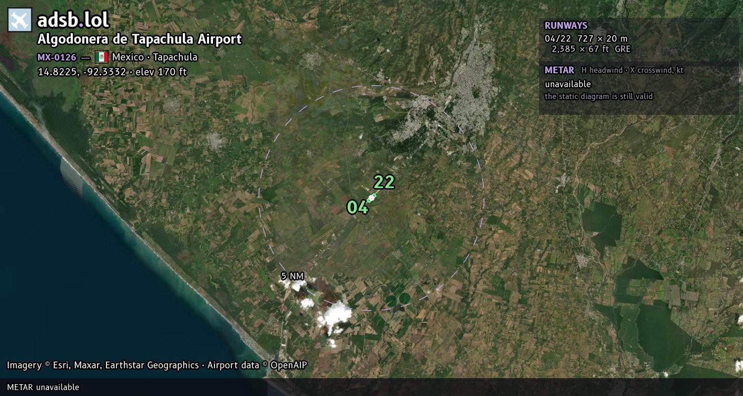 Satellite map with the runway layout of Algodonera de Tapachula Airport (MX-0126)