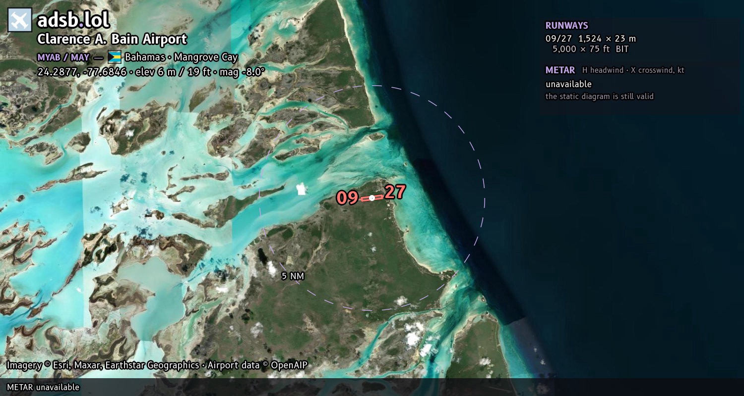Satellite map with the runway layout of Clarence A. Bain Airport (MYAB)