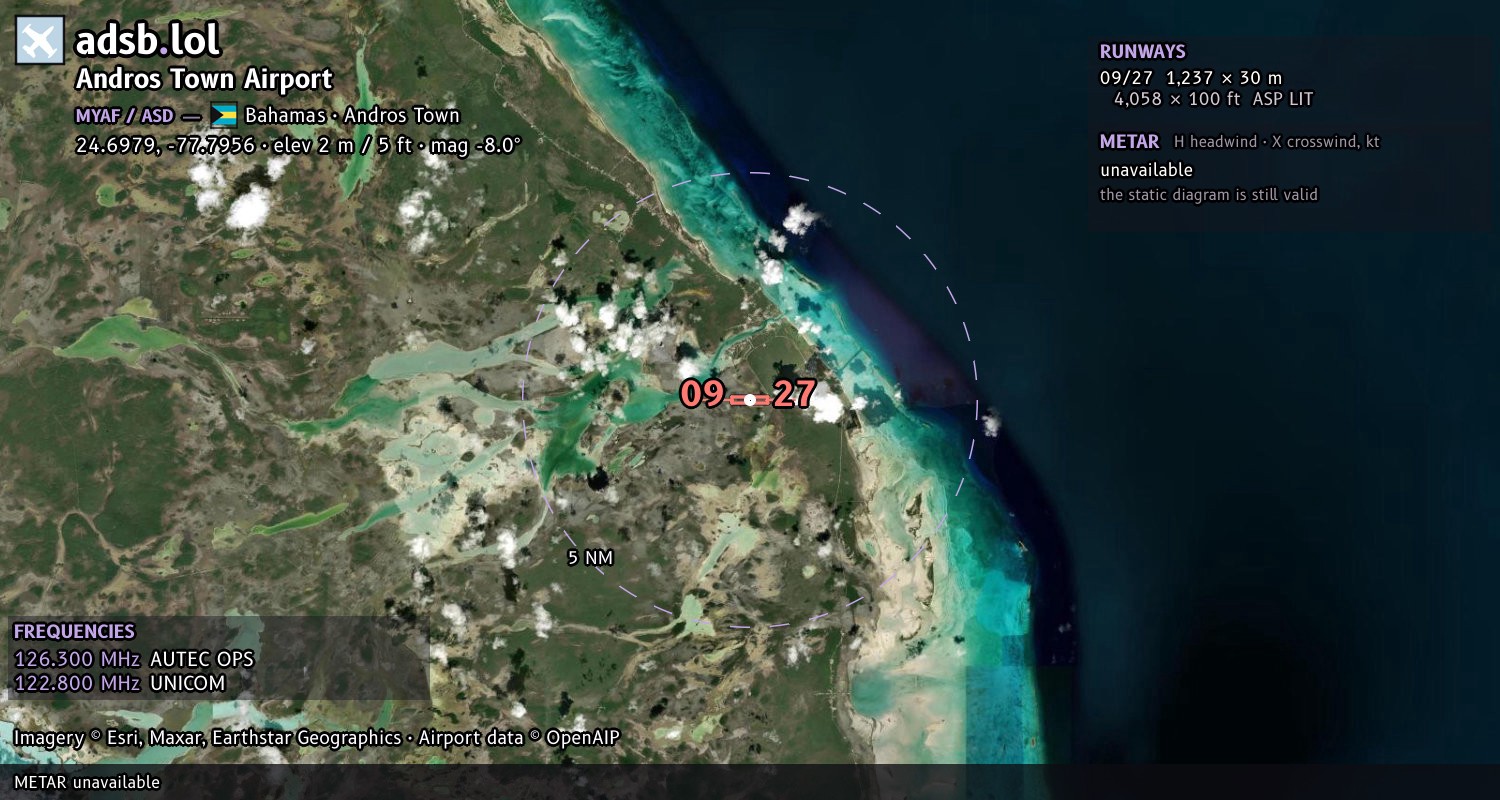 Satellite map with the runway layout of Andros Town Airport (MYAF)