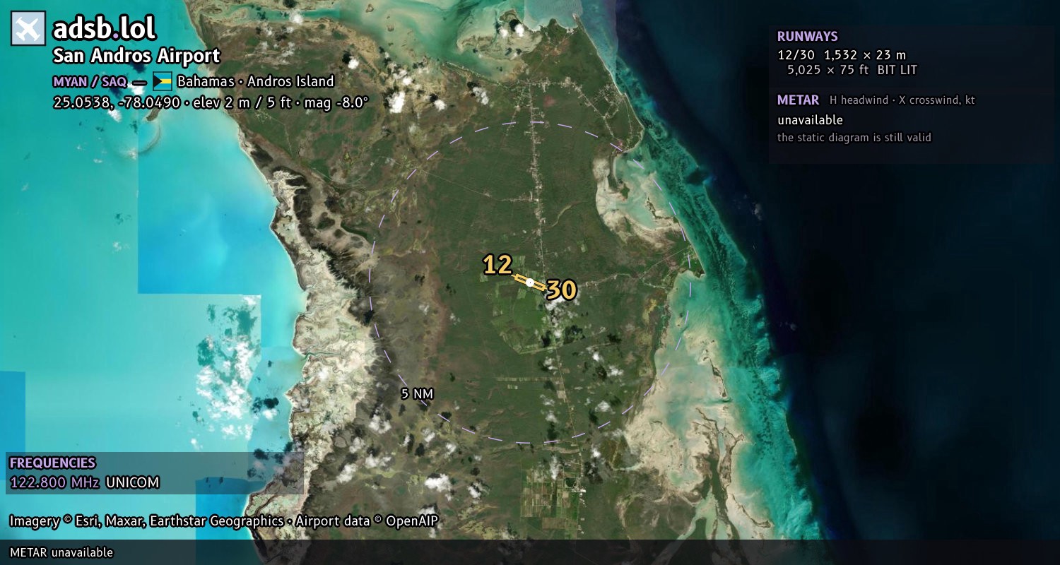 Satellite map with the runway layout of San Andros Airport (MYAN)