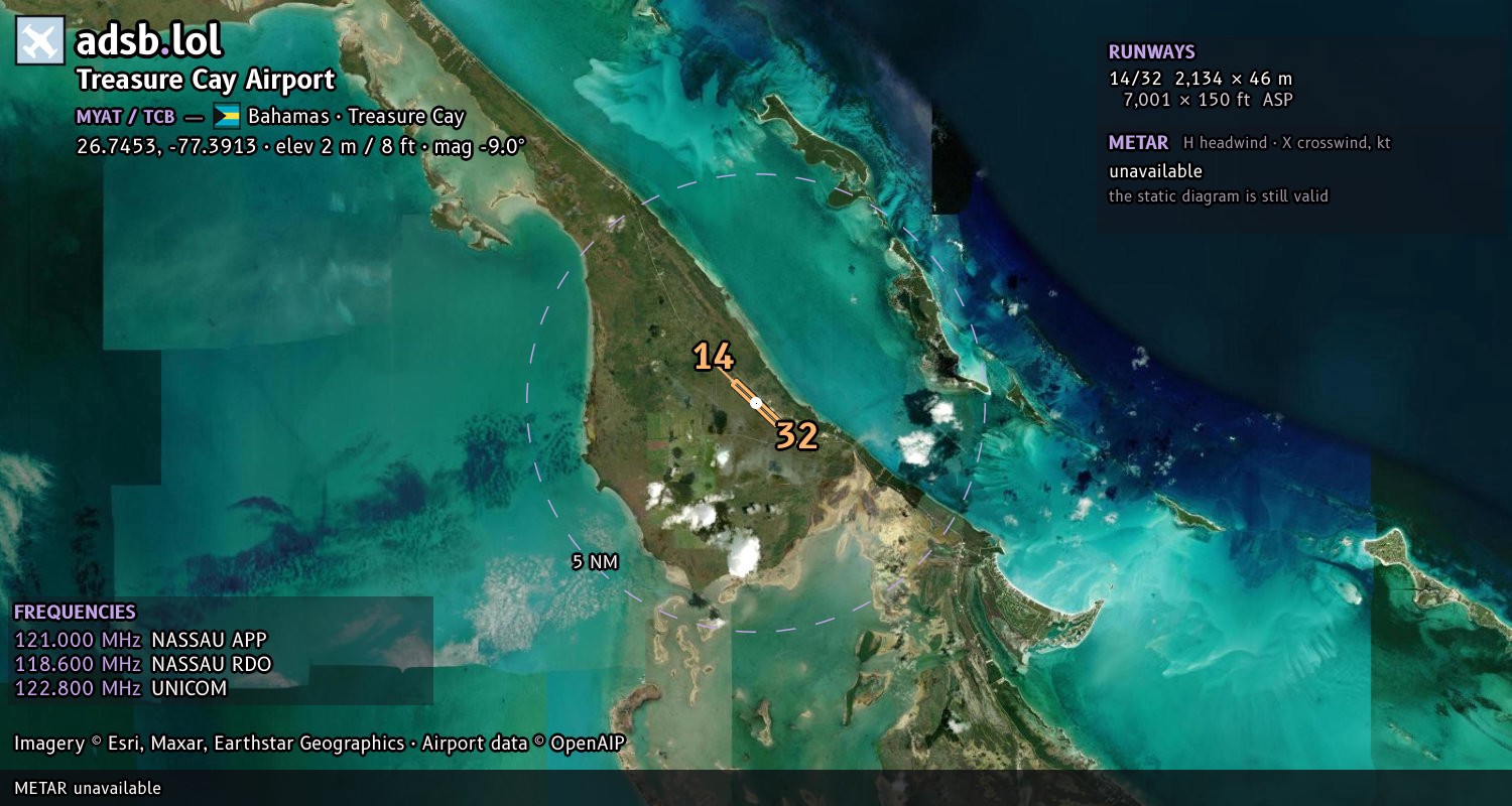 Satellite map with the runway layout of Treasure Cay Airport (MYAT)