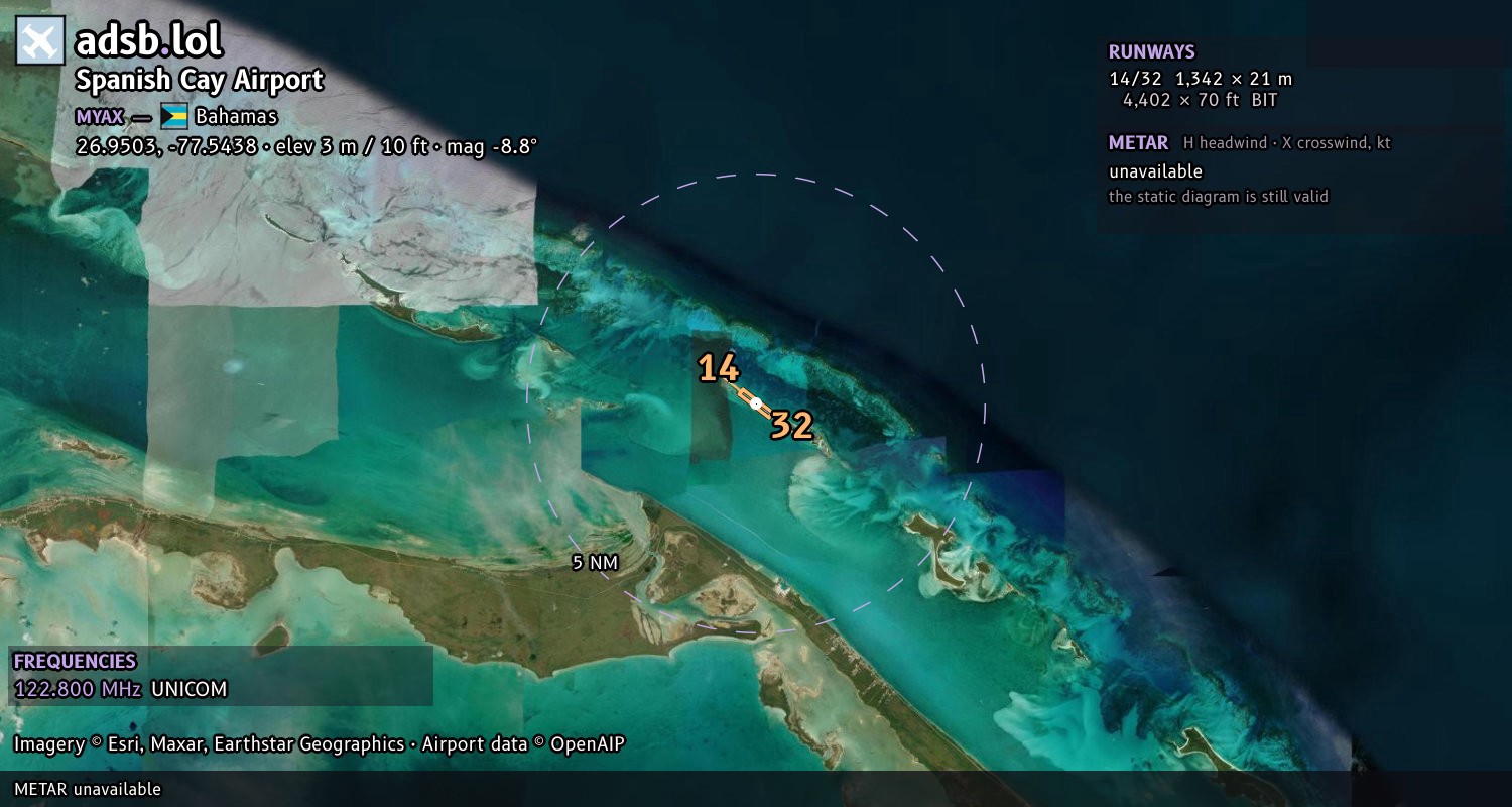 Satellite map with the runway layout of Spanish Cay Airport (MYAX)