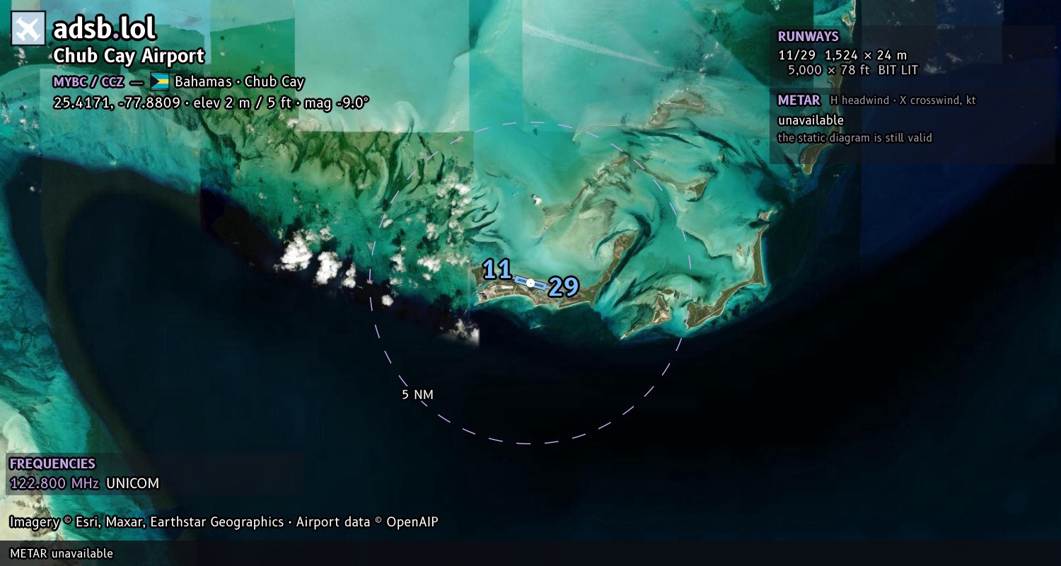 Satellite map with the runway layout of Chub Cay Airport (MYBC)