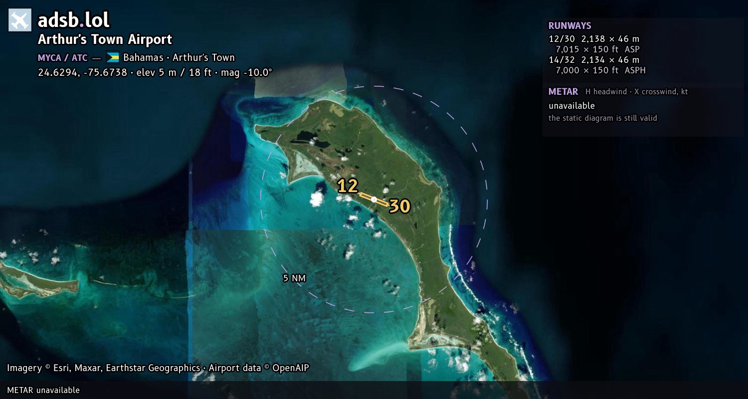 Satellite map with the runway layout of Arthur's Town Airport (MYCA)