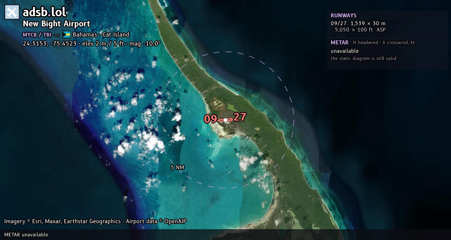 Satellite map with the runway layout of New Bight Airport (MYCB)