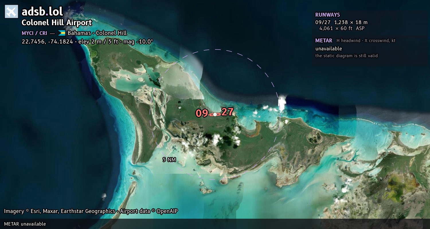 Satellite map with the runway layout of Colonel Hill Airport (MYCI)