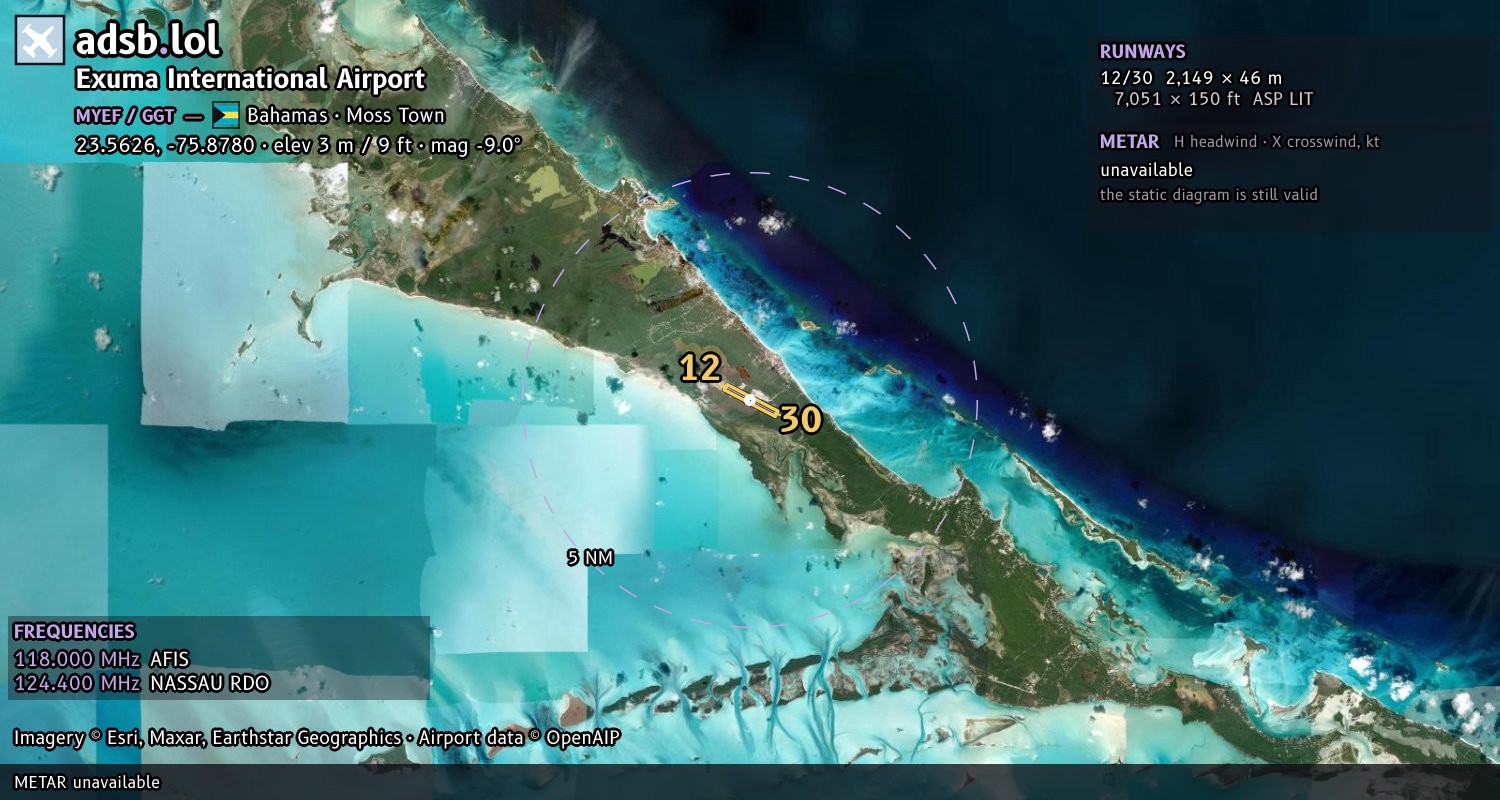 Satellite map with the runway layout of Exuma International Airport (MYEF)