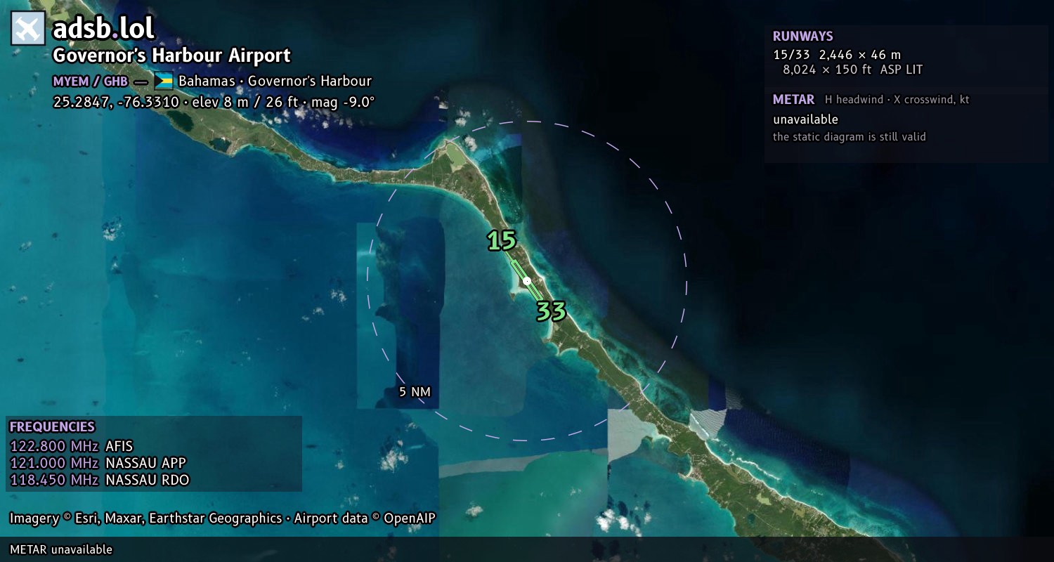 Satellite map with the runway layout of Governor's Harbour Airport (MYEM)