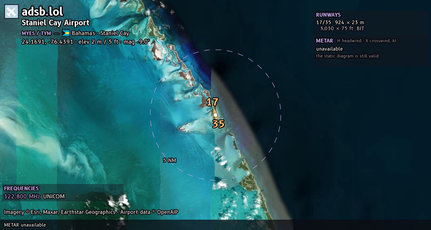 Satellite map with the runway layout of Staniel Cay Airport (MYES)