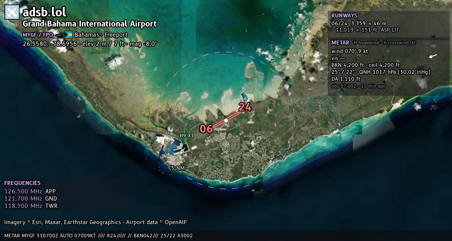 Satellite map with the runway layout of Grand Bahama International Airport (MYGF)
