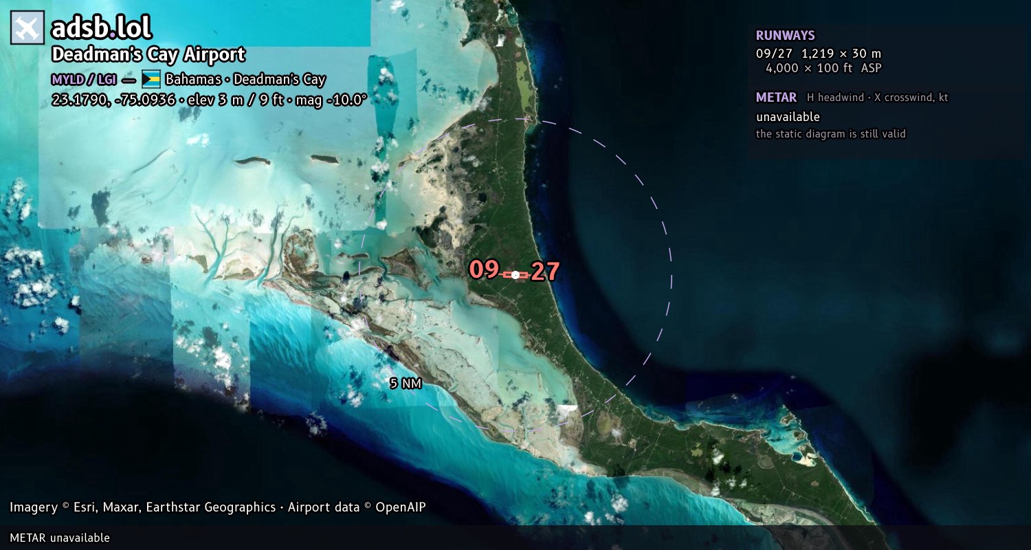 Satellite map with the runway layout of Deadman's Cay Airport (MYLD)