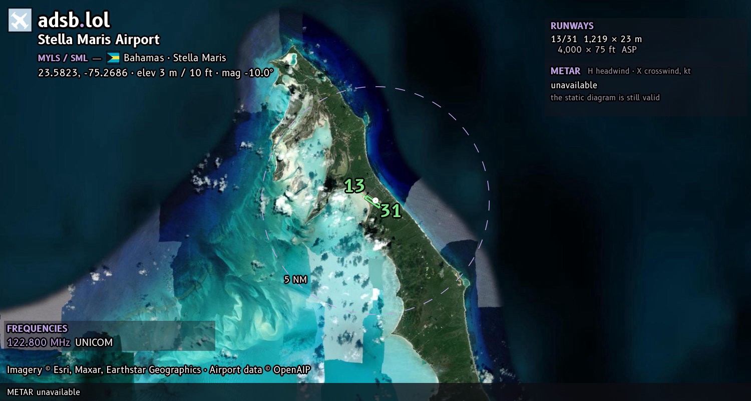 Satellite map with the runway layout of Stella Maris Airport (MYLS)