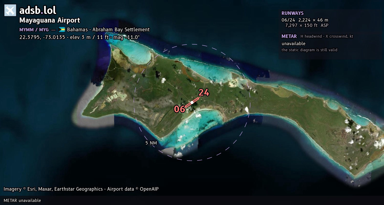 Satellite map with the runway layout of Mayaguana Airport (MYMM)