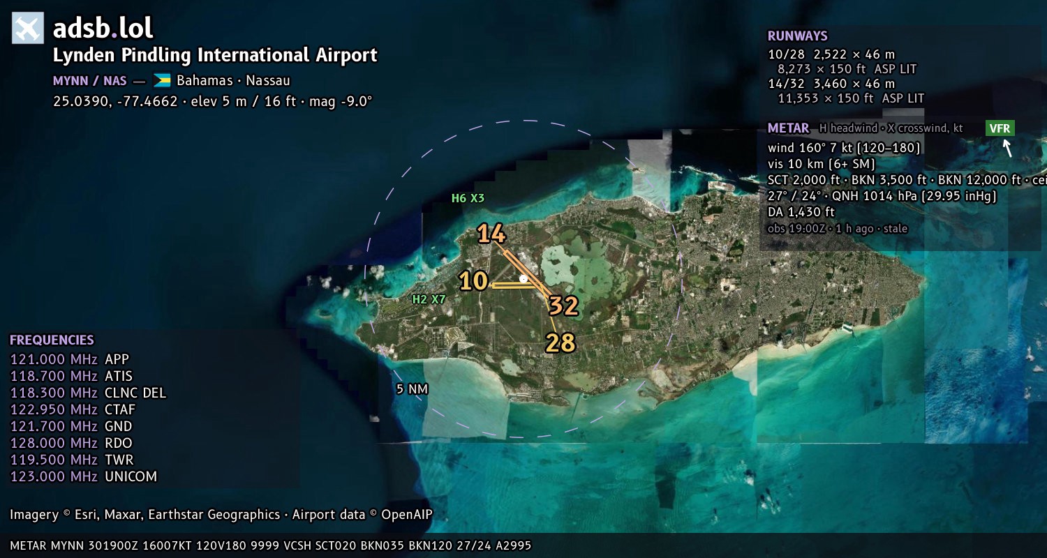 Satellite map with the runway layout of Lynden Pindling International Airport (MYNN)