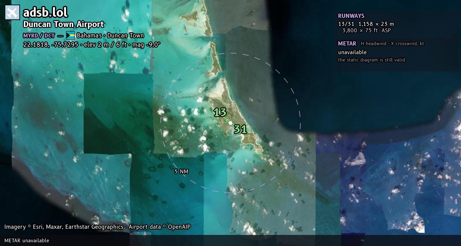 Satellite map with the runway layout of Duncan Town Airport (MYRD)