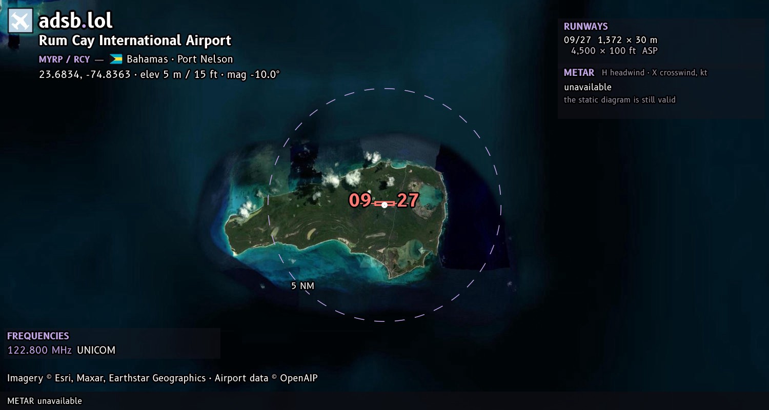 Satellite map with the runway layout of Rum Cay International Airport (MYRP)