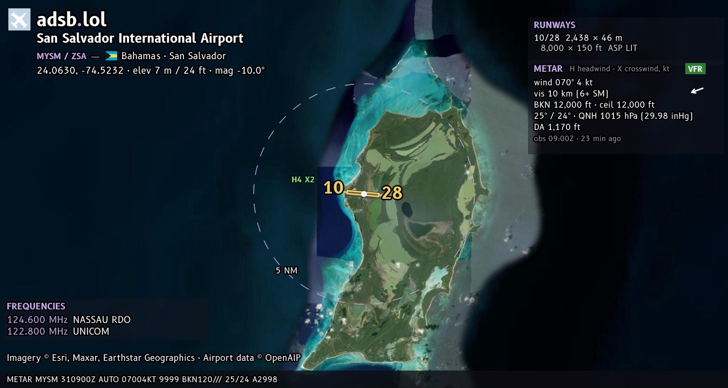 Satellite map with the runway layout of San Salvador International Airport (MYSM)