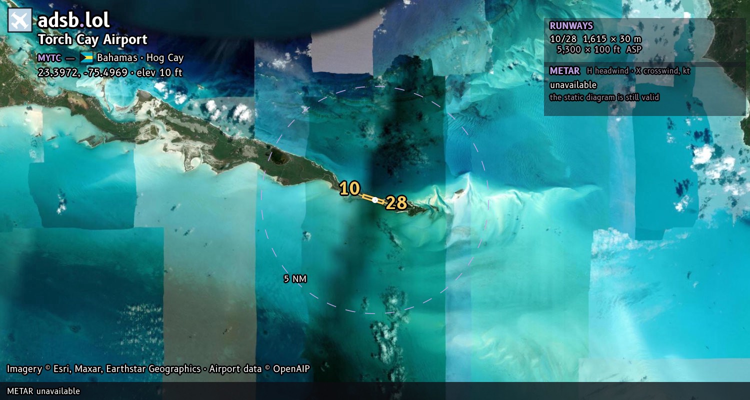 Satellite map with the runway layout of Torch Cay Airport (MYTC)