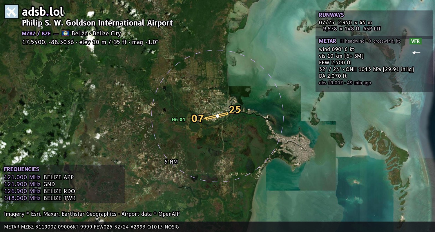 Satellite map with the runway layout of Philip S. W. Goldson International Airport (MZBZ)