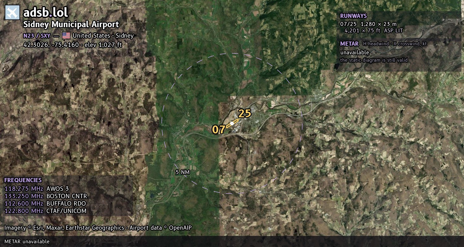 Satellite map with the runway layout of Sidney Municipal Airport (N23)