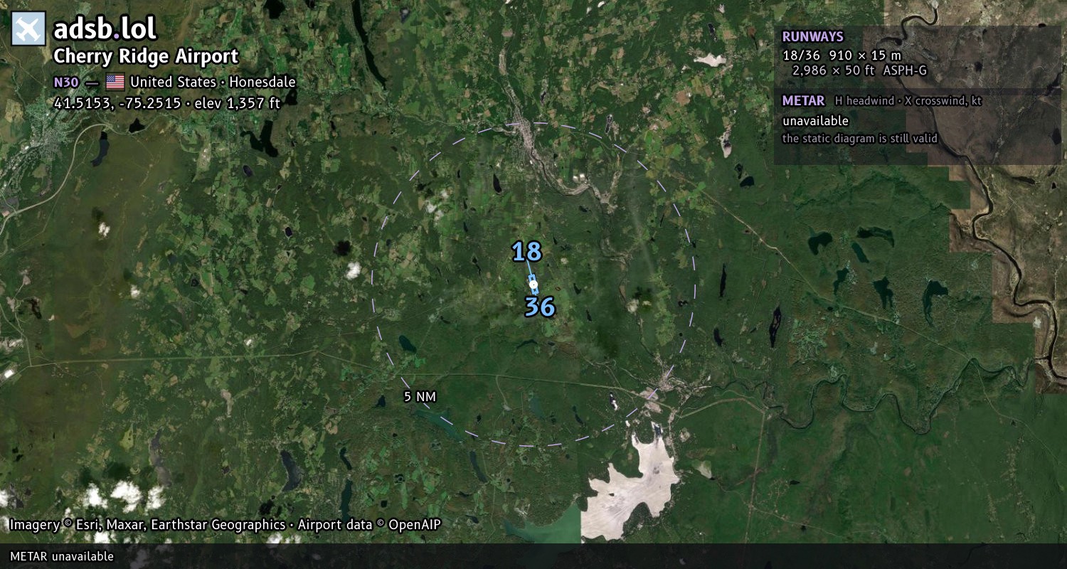 Satellite map with the runway layout of Cherry Ridge Airport (N30)
