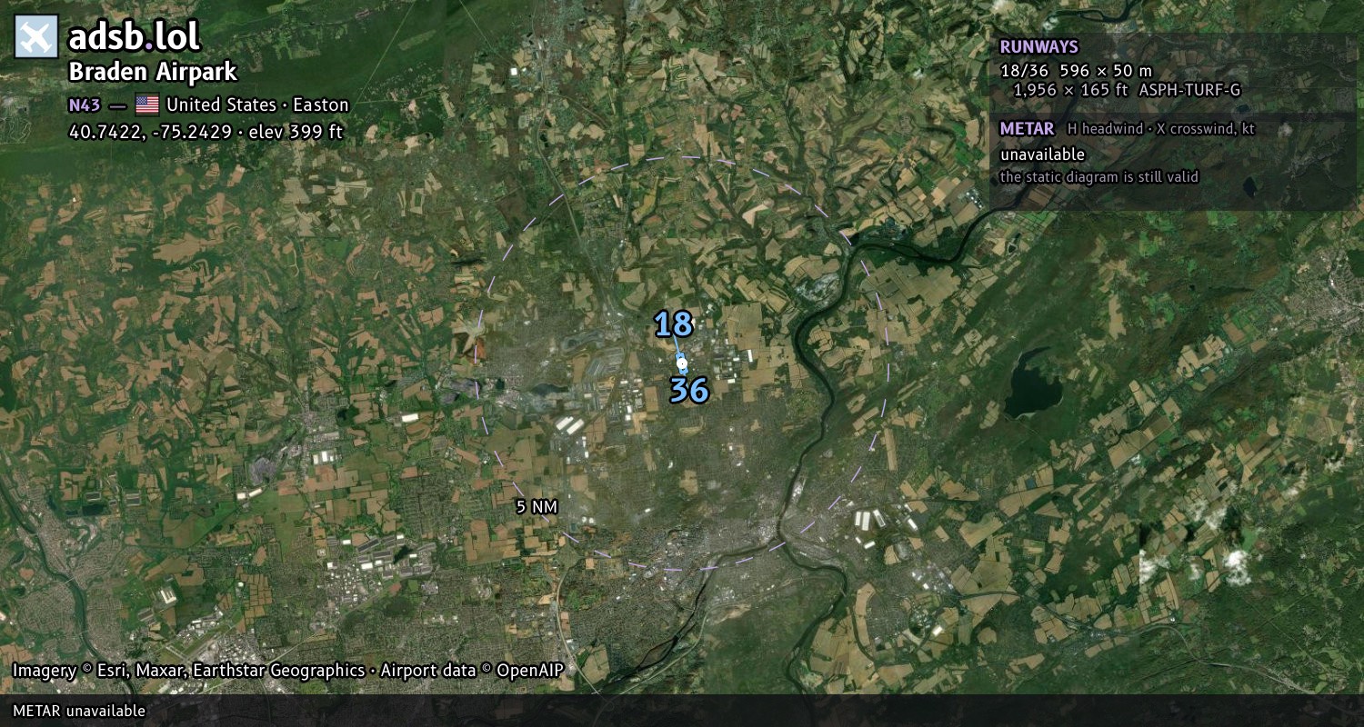 Satellite map with the runway layout of Braden Airpark (N43)