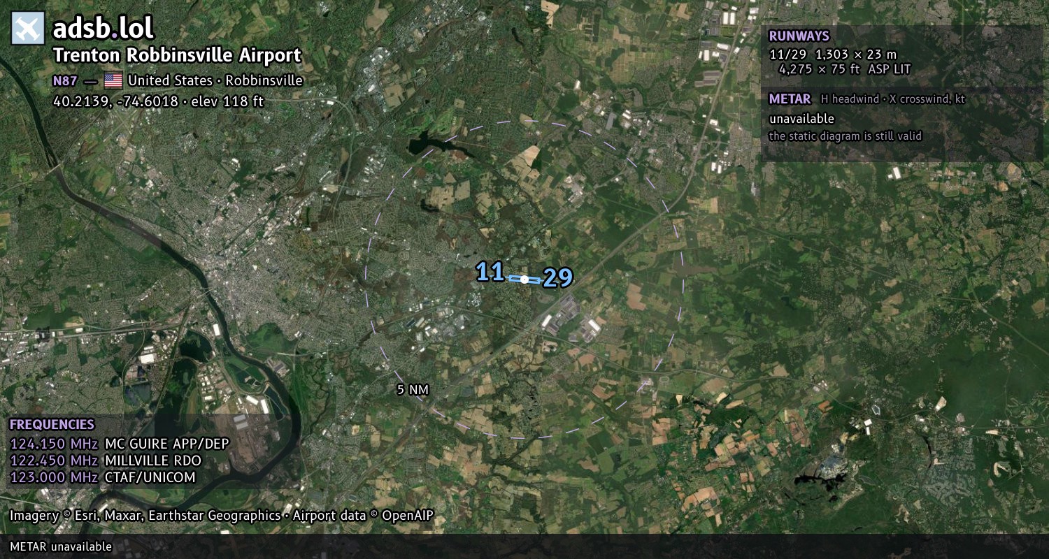 Satellite map with the runway layout of Trenton Robbinsville Airport (N87)