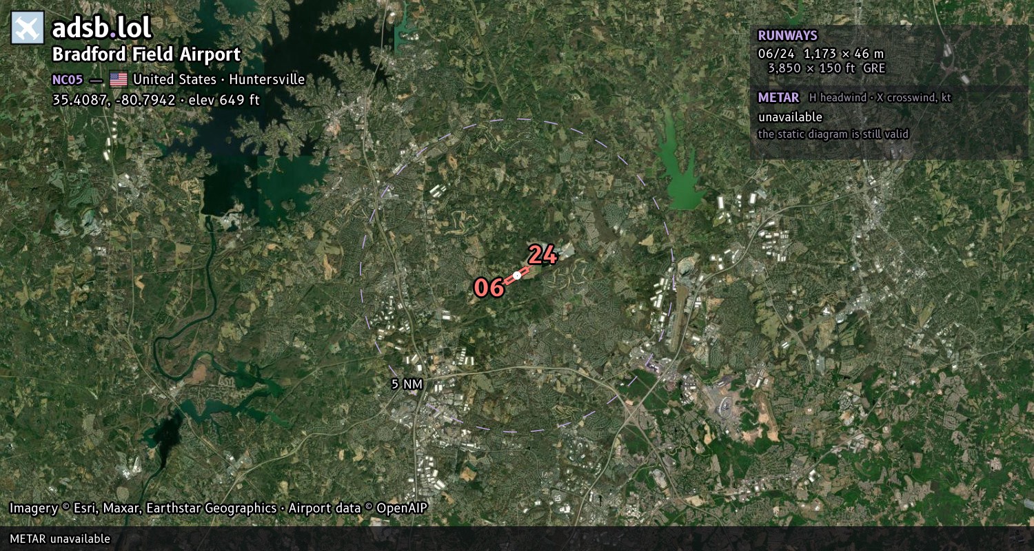 Satellite map with the runway layout of Bradford Field Airport (NC05)