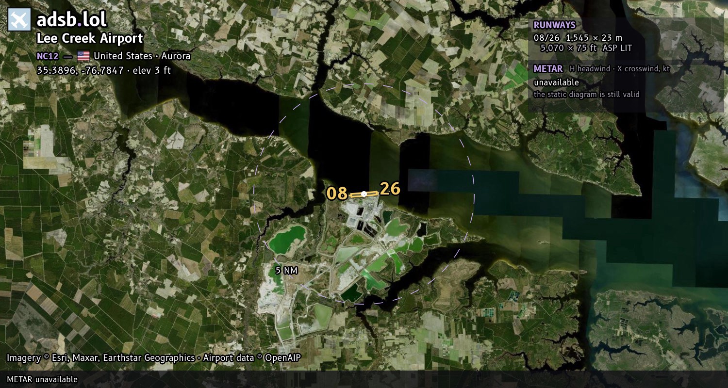 Satellite map with the runway layout of Lee Creek Airport (NC12)