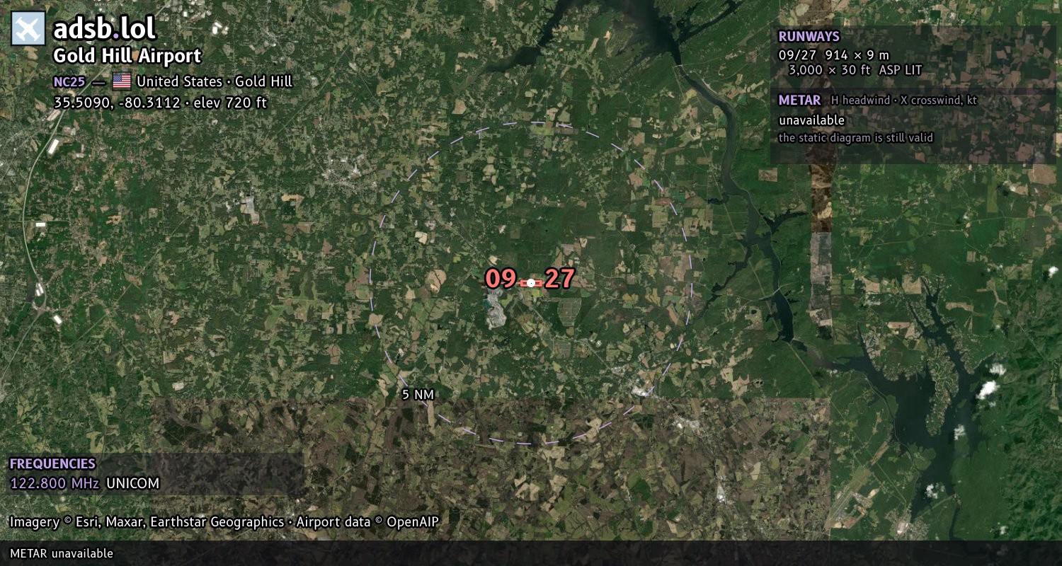 Satellite map with the runway layout of Gold Hill Airport (NC25)