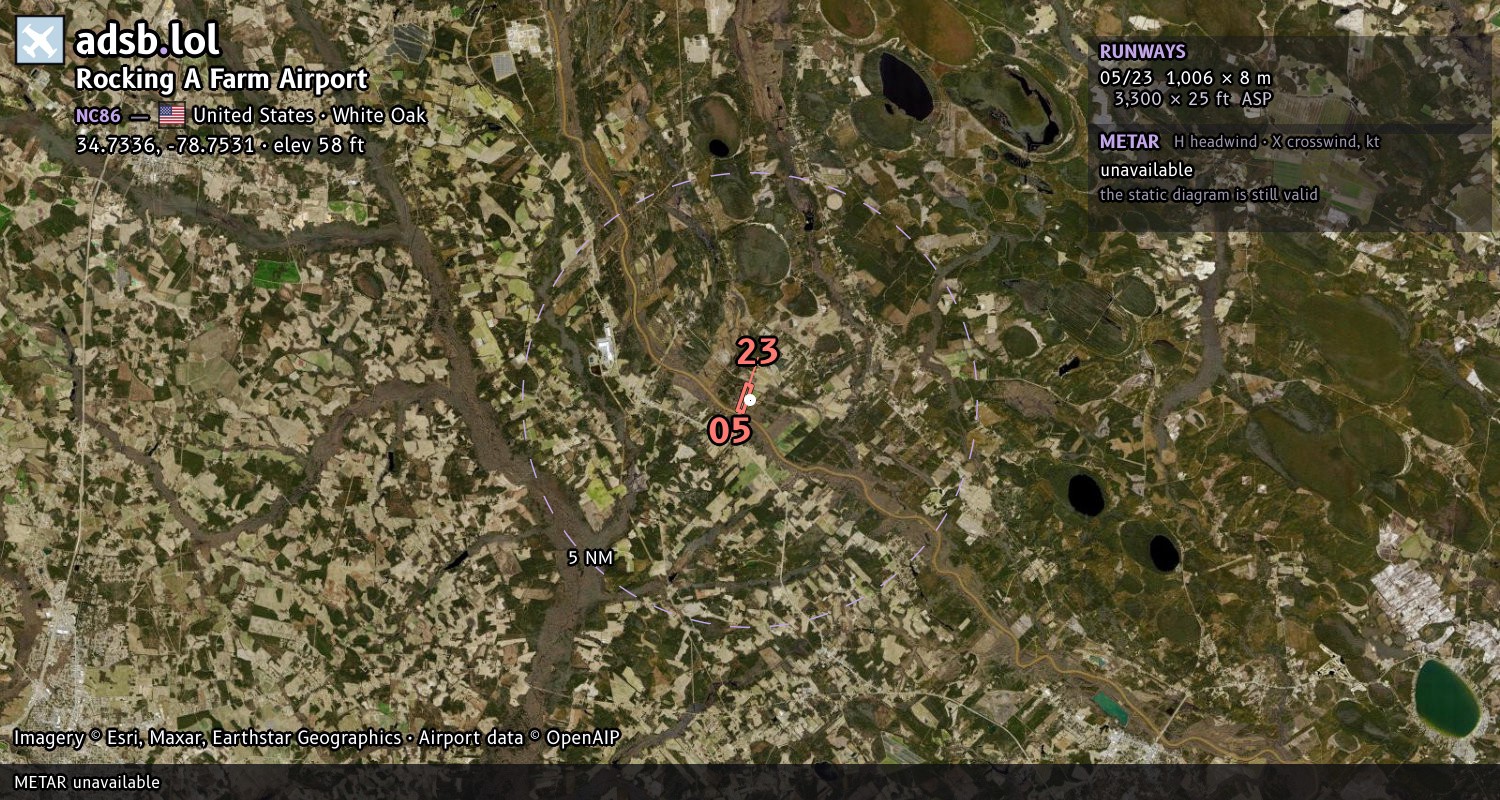 Satellite map with the runway layout of Rocking A Farm Airport (NC86)