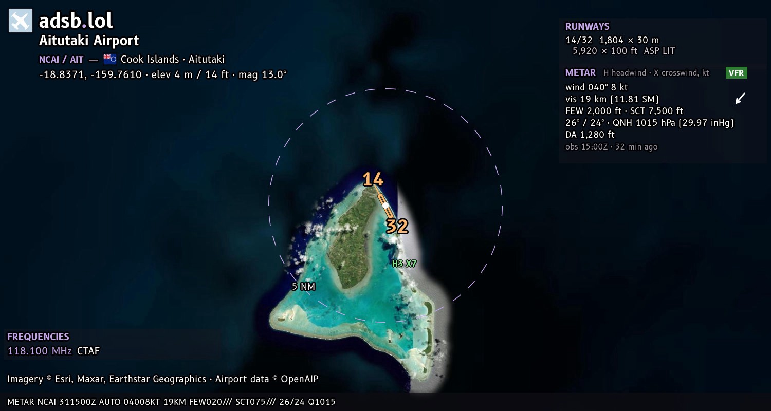 Satellite map with the runway layout of Aitutaki Airport (NCAI)