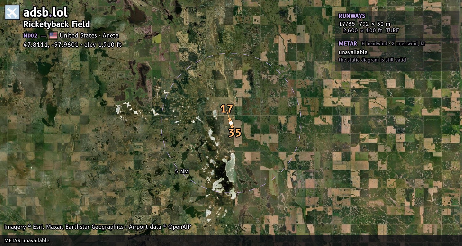 Satellite map with the runway layout of Ricketyback Field (ND02)